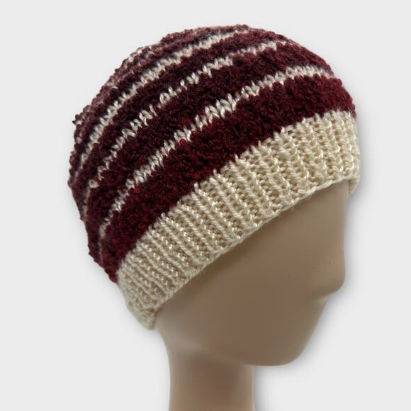 Knit Woven Wide Cream Burgundy Red Stripe Beanie Knit Hat Boho XS - Picture 1 of 8